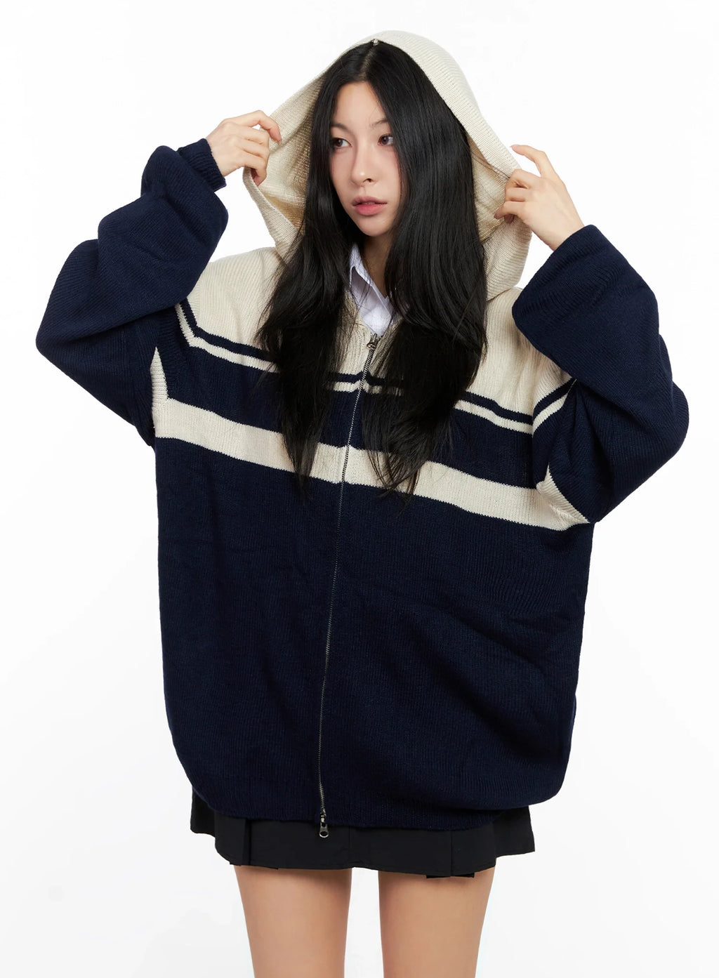 Striped Oversized Zip-Up Knit Hoodie IG508
