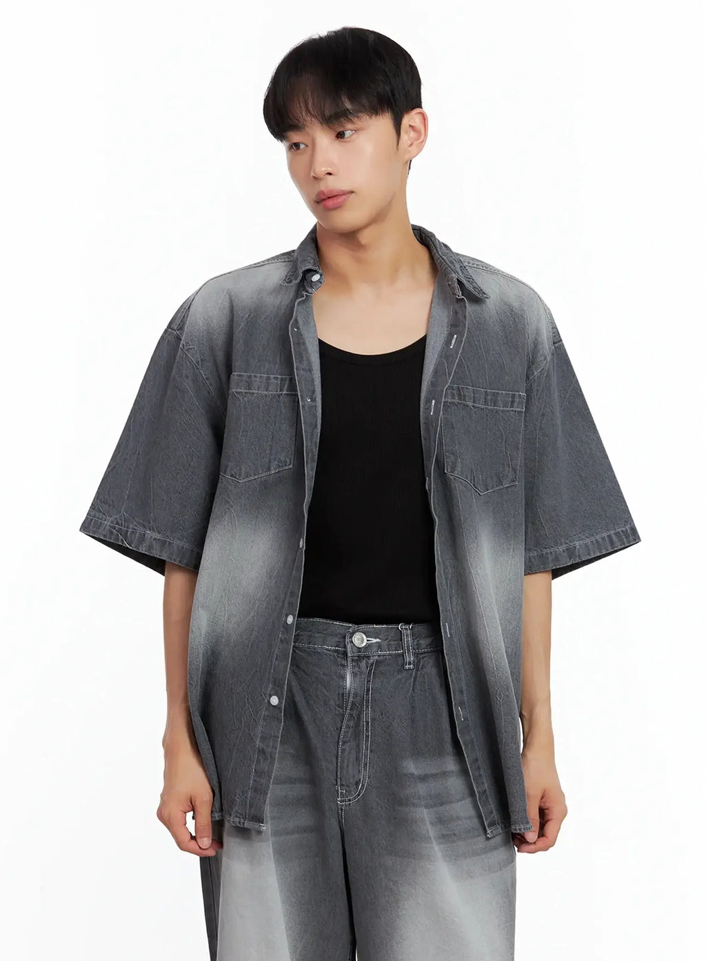 Men's Washed Denim Button-Up Top IL516