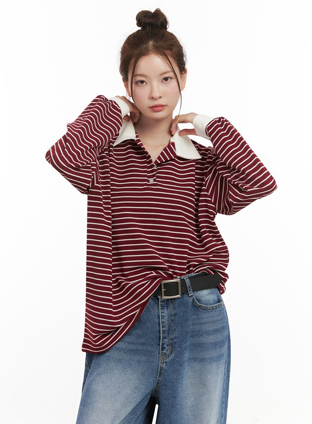 Oversized Stripe Collared Long Sleeve Top IJ527