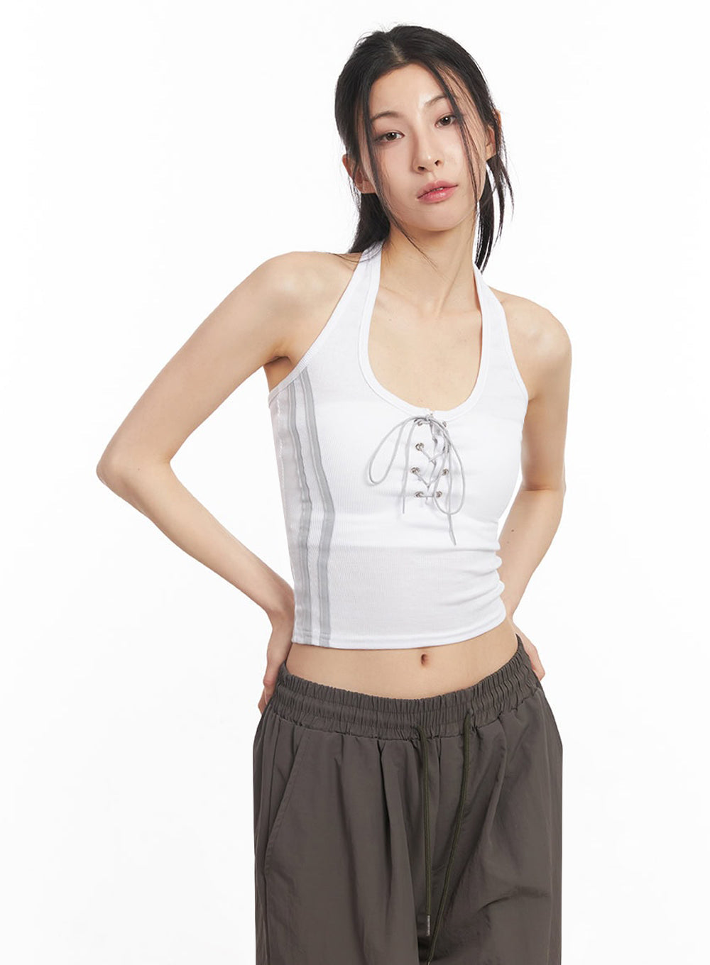 Halter Lace-Up Eyelet Crop Tank Top IY529