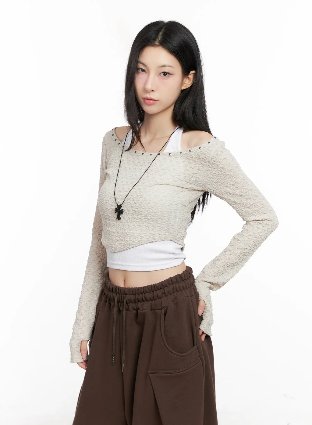 Cropped Eyelet Long Sleeve Top CG525