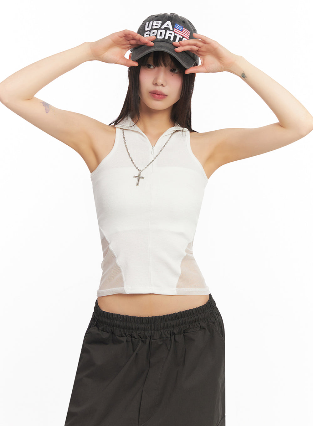 Mesh Sleeveless Collared Crop Top IY502