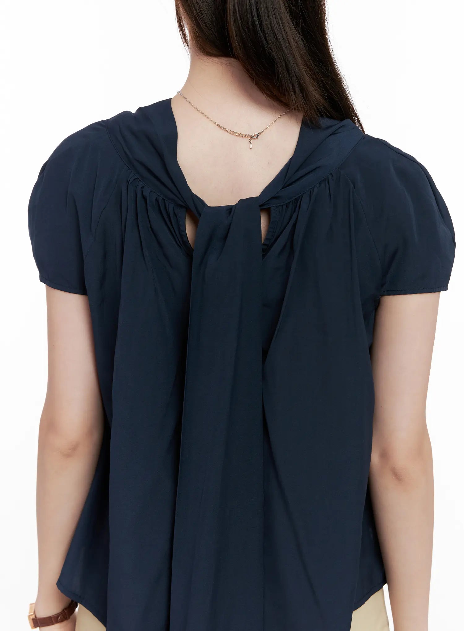 Shirred Ribbon Short-Sleeve Blouse CL523