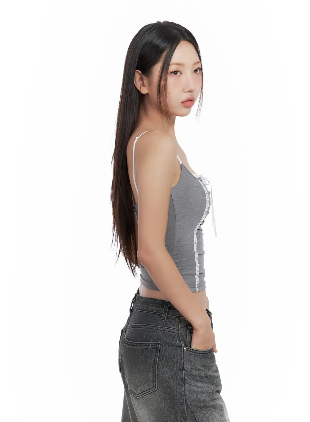 Lace-Trim Shirred Ribbon Camisole CL508