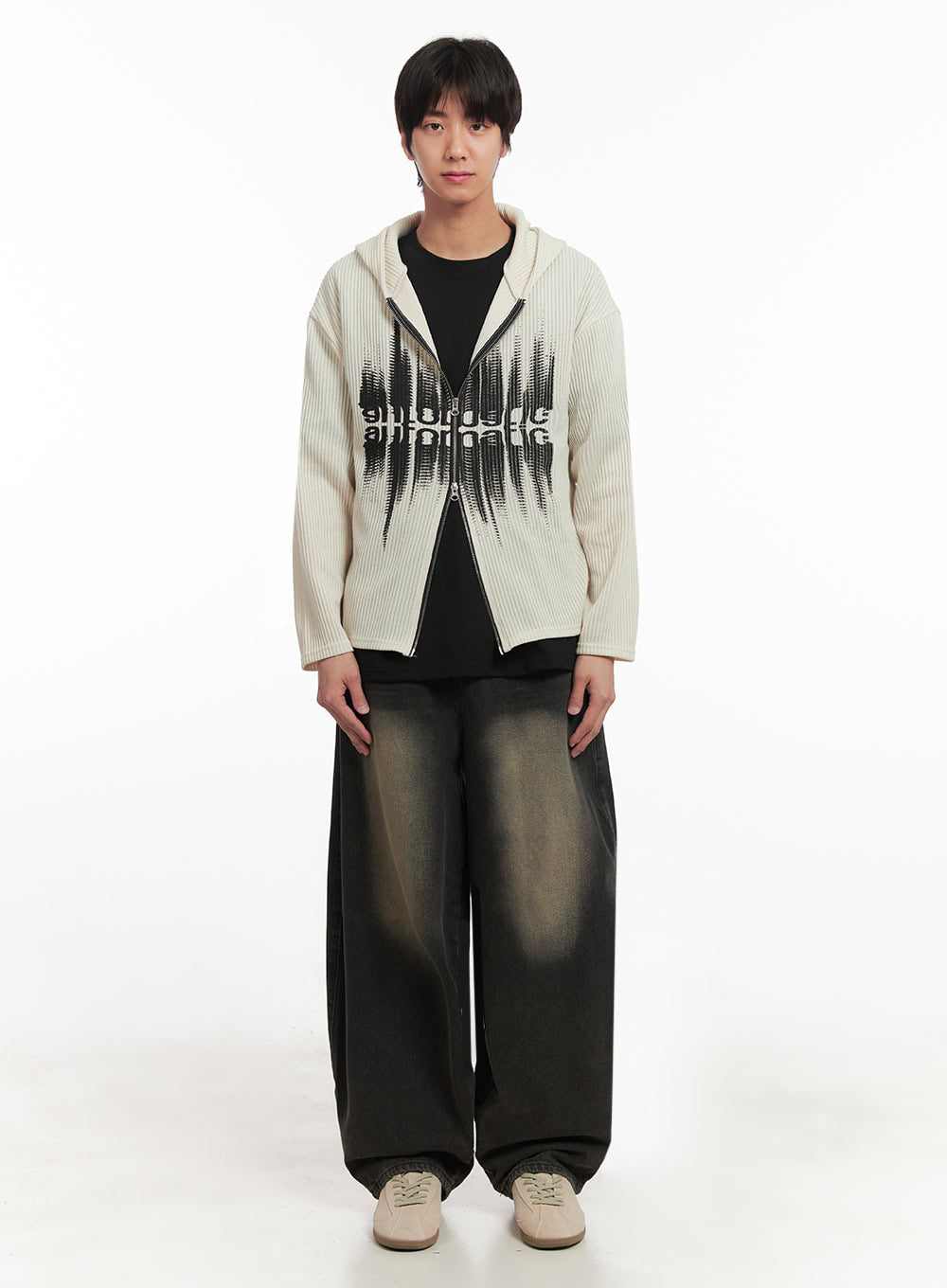 Men's Ribbed Knit Graphic Hooded Jacket IA511