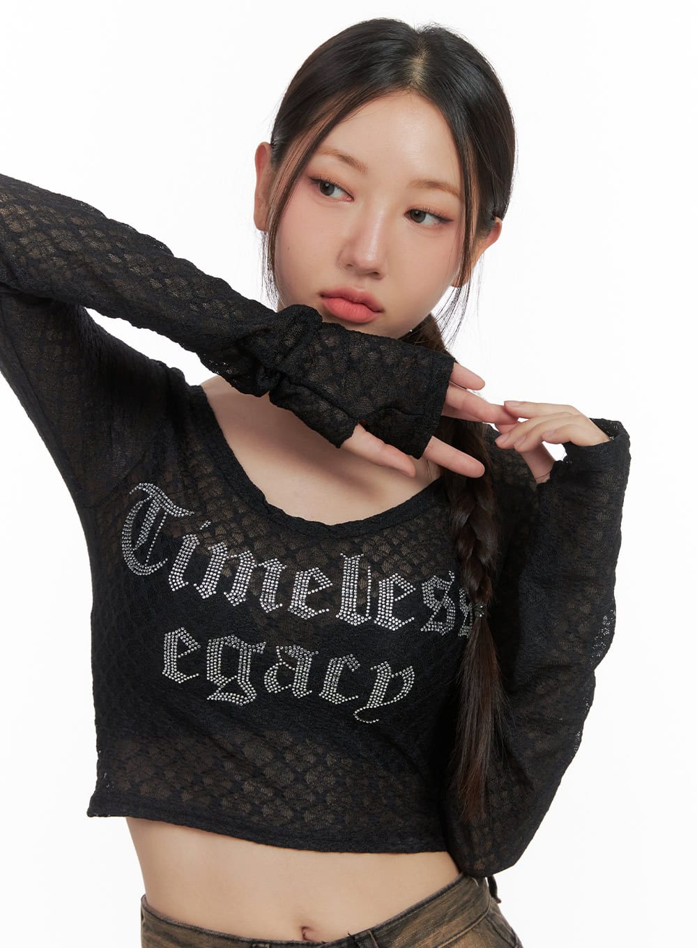 Lettering Mesh Crop Long Sleeve Tee CO404