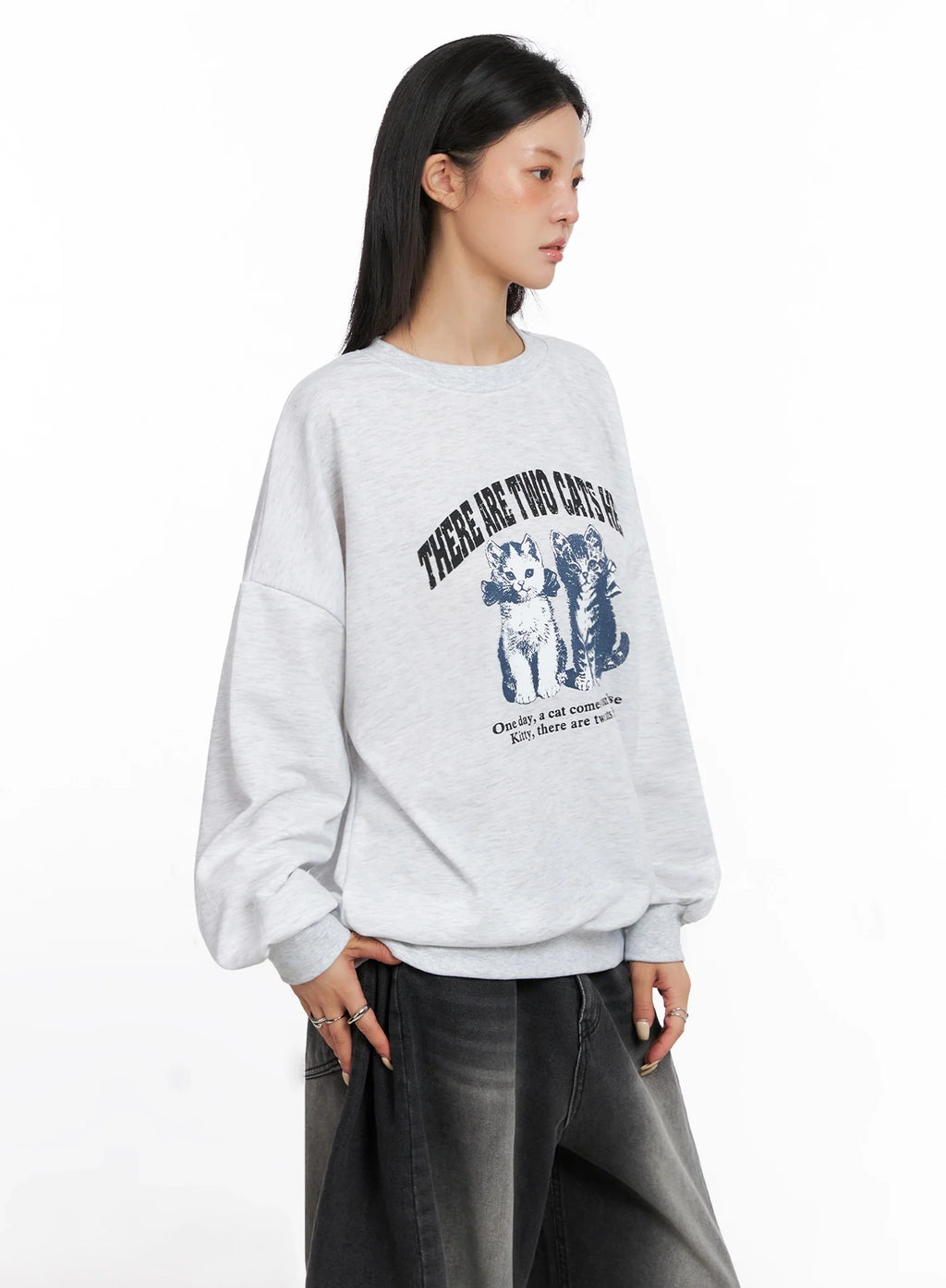 Cat Print Graphic Sweatshirt IS508