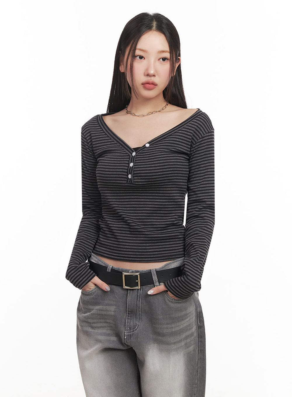 Stripe Buttoned Long-Sleeve Top IM524