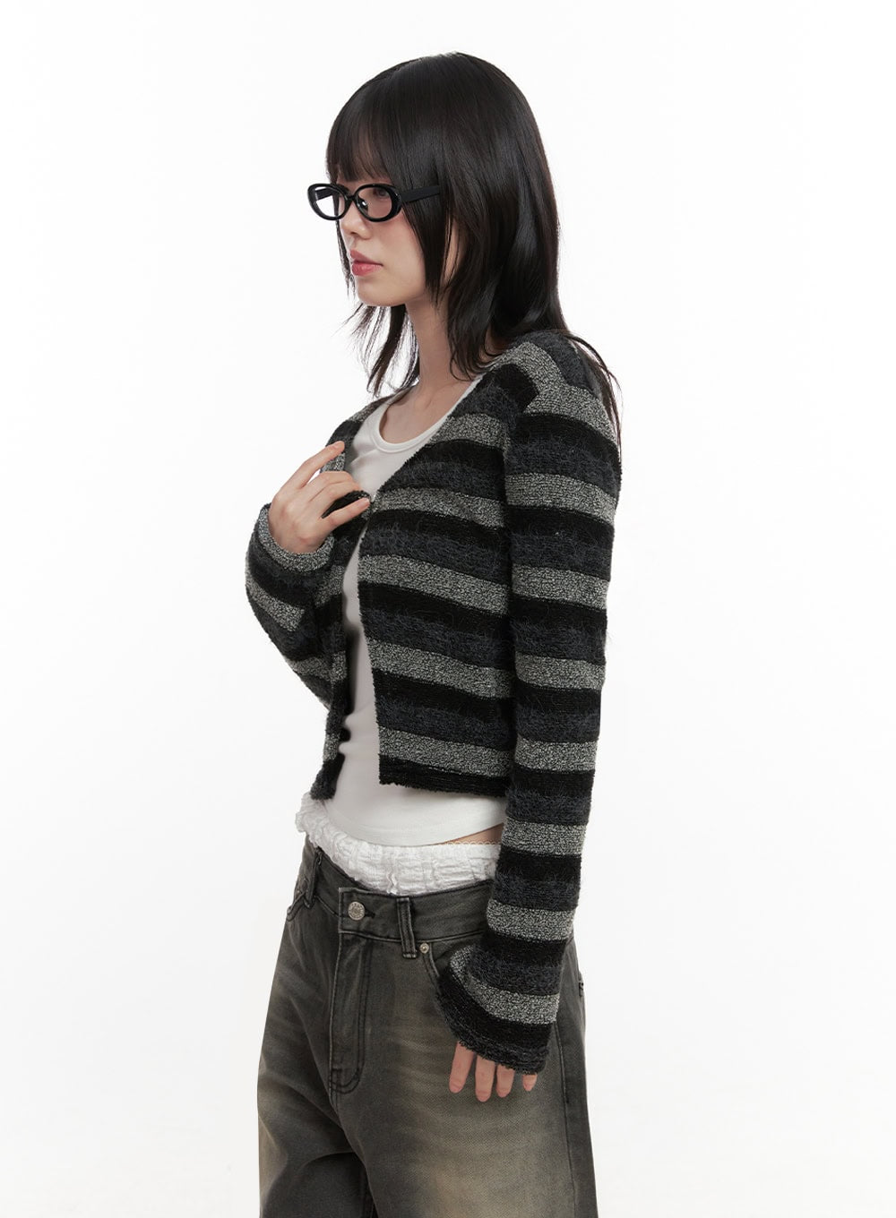Striped Slit Cropped Cardigan ID402