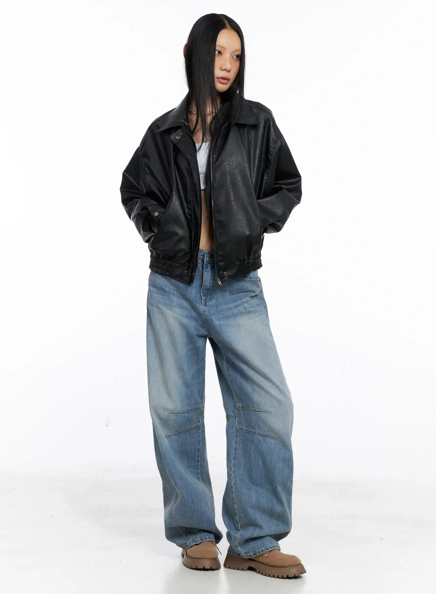 Relaxed Fit Faux Leather Bomber Jacket CS511