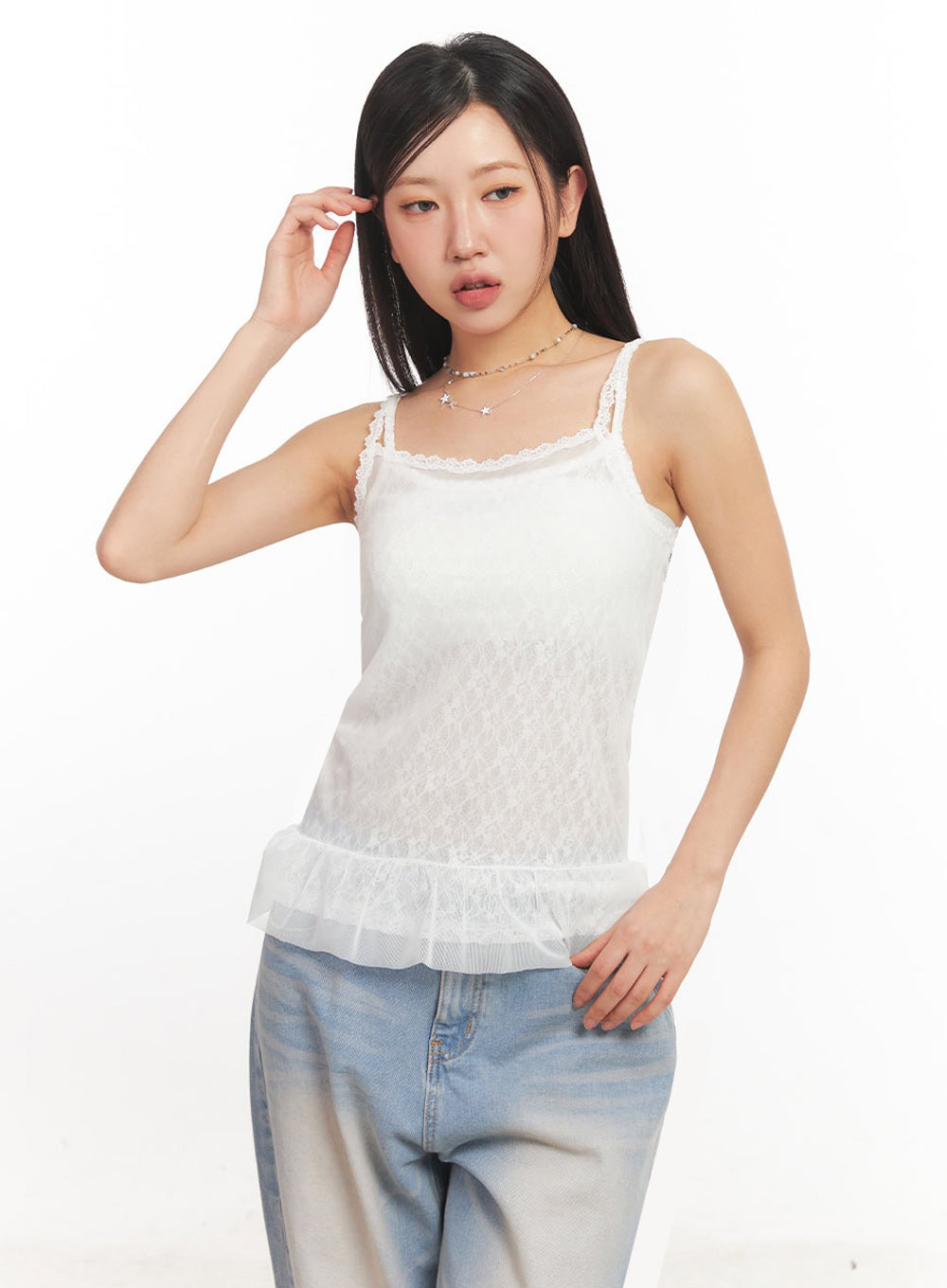 Sheer Frill-Trim Lace Cami Top IA524