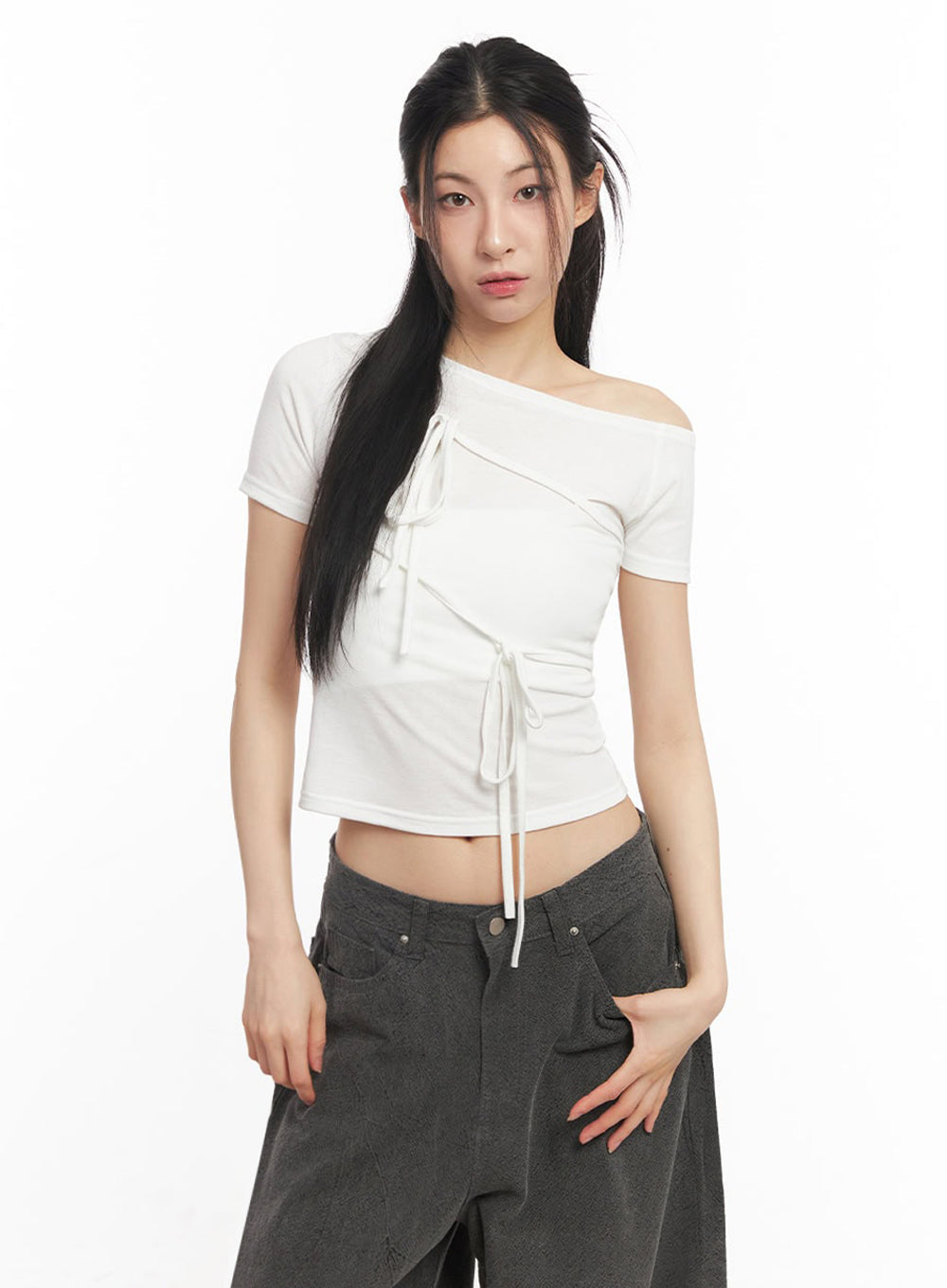 Ribbon Tie One-Shoulder Crop Top IY529