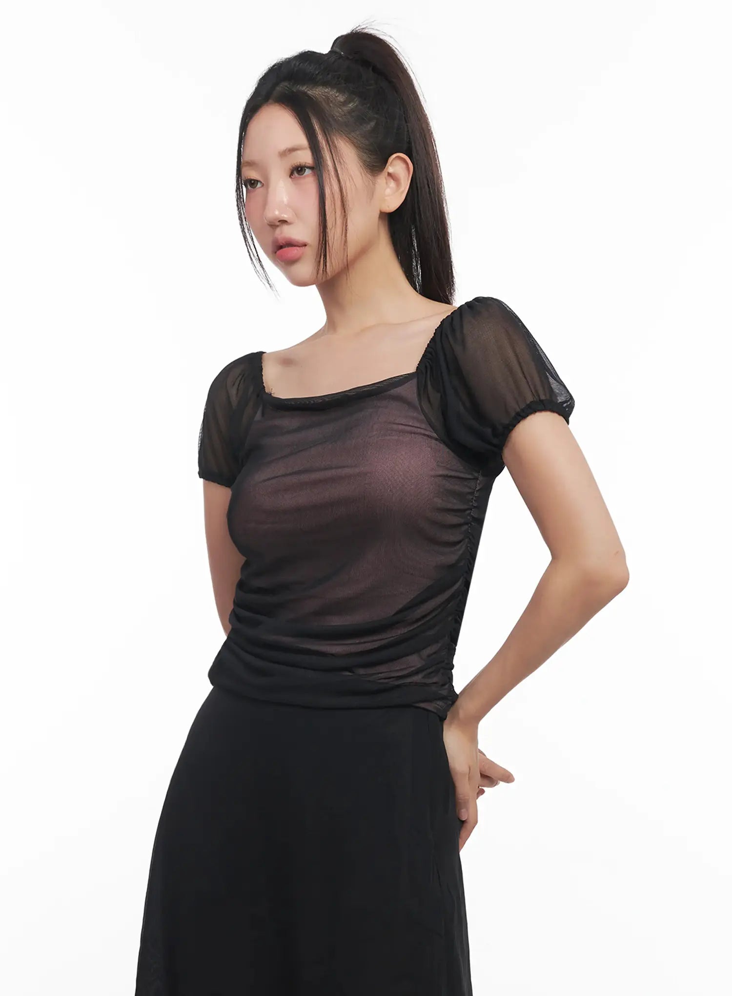 Sheer Puff-Sleeve Crop Top IU509