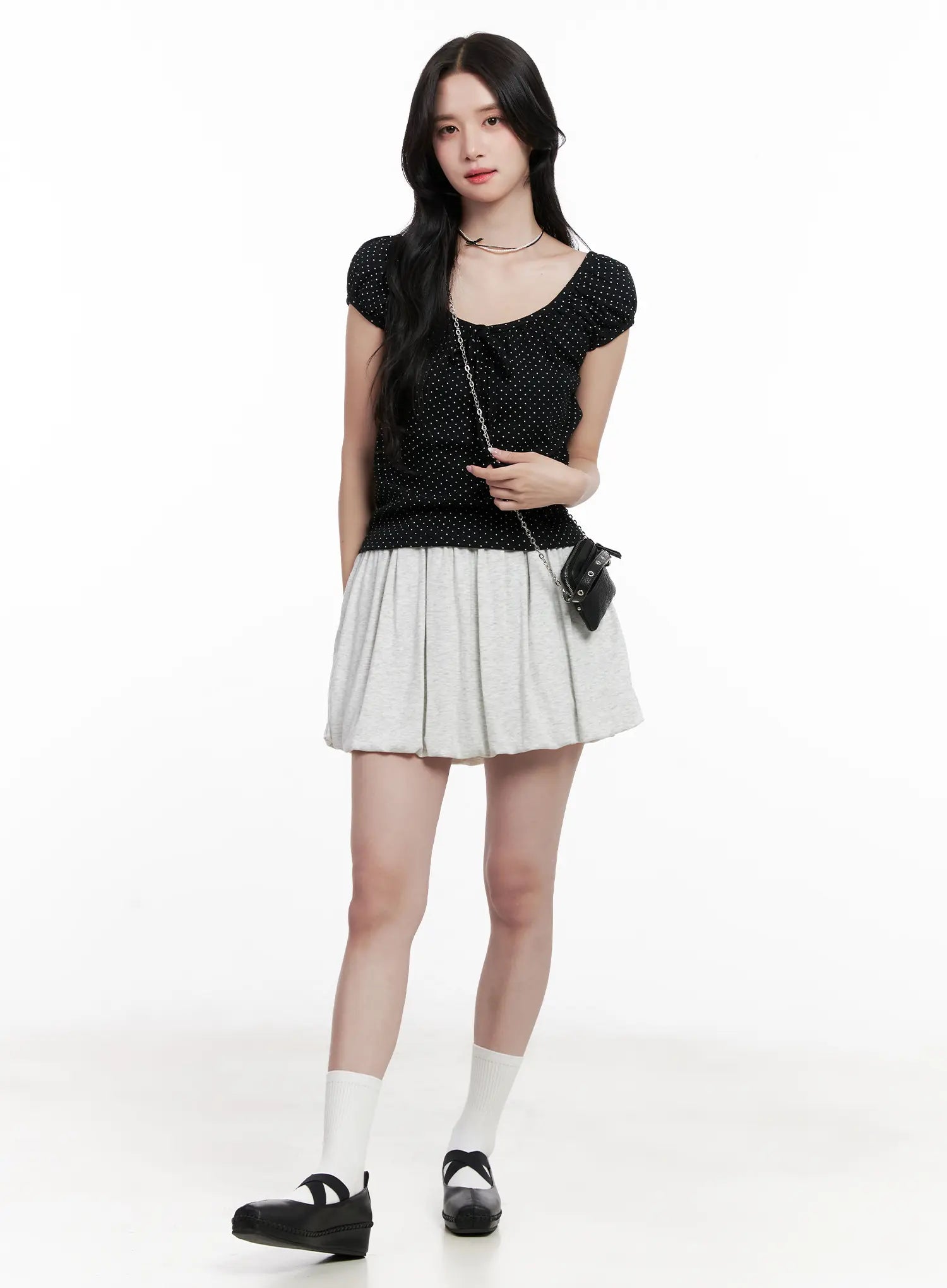 Polka Dot Puff-Sleeve Ribbon Top CL516