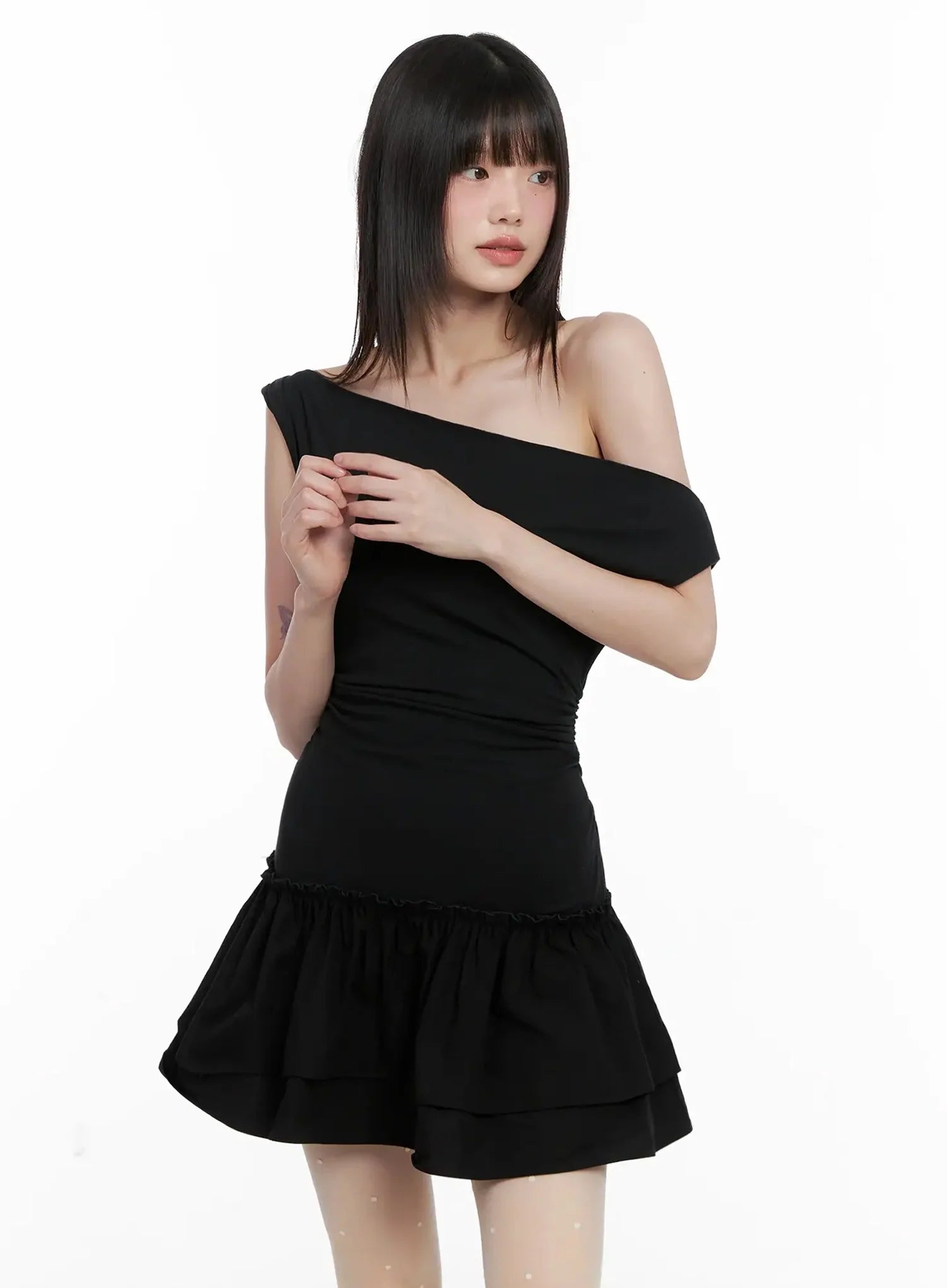 Asymmetrical Ruffle Off-Shoulder Dress IL531