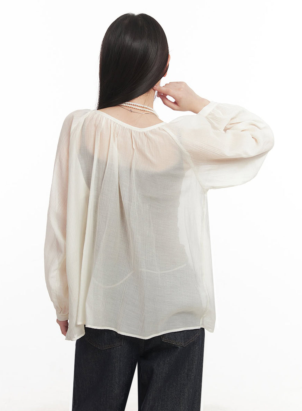 Shirred Sheer Buttoned Blouse IM528