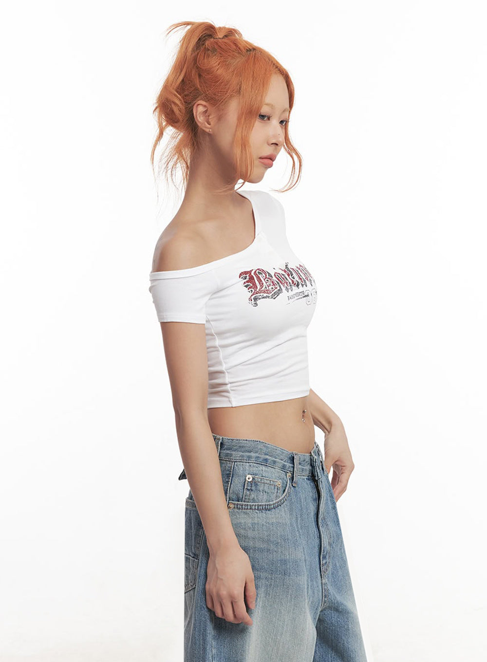 Graphic One-Shoulder Crop Top IA517