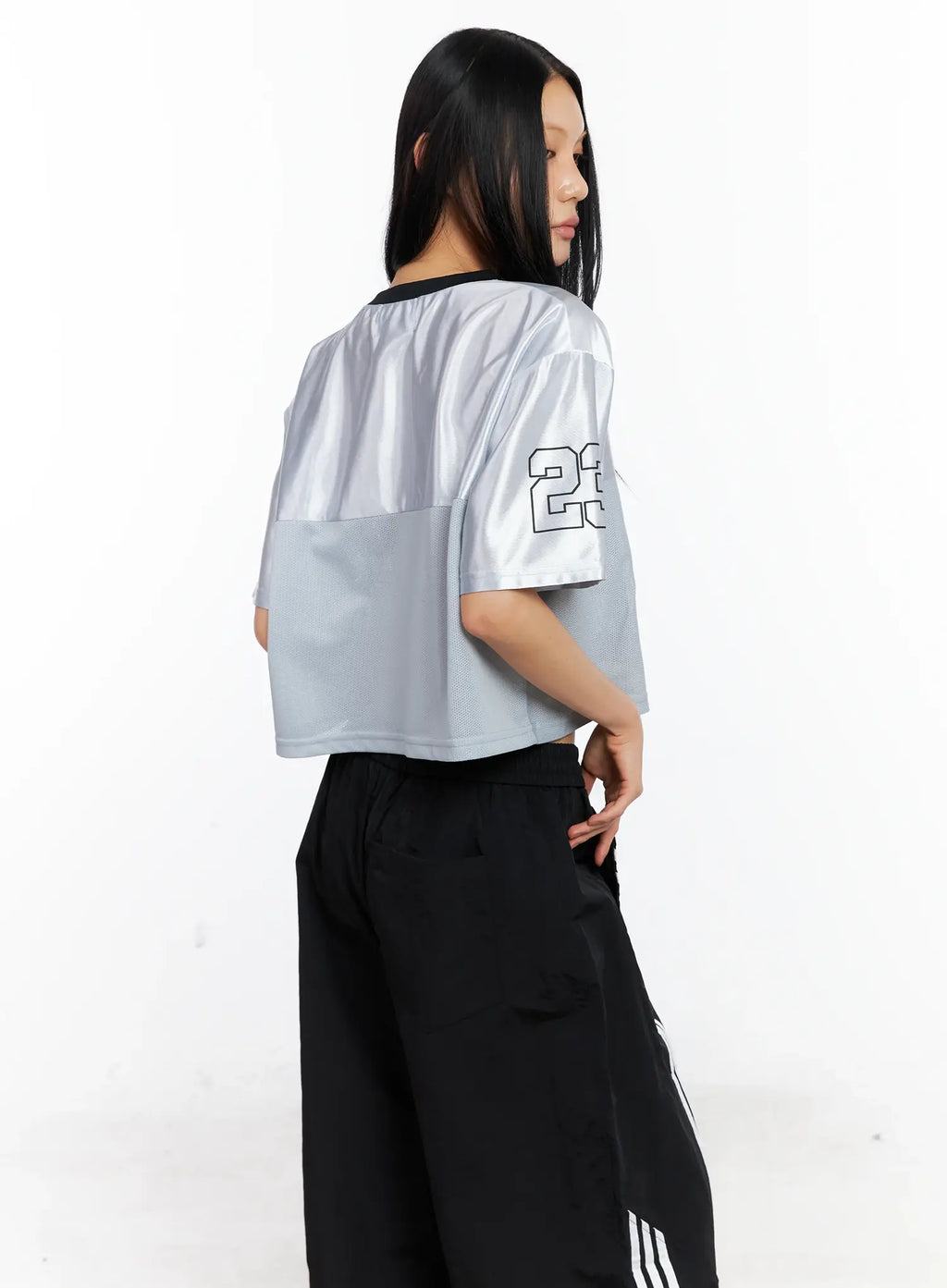 Glossy V-Neck Cropped Jersey CL529