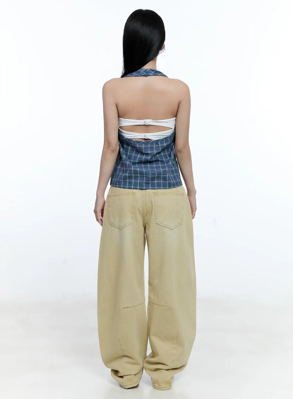 Plaid Button Halter Top CG507