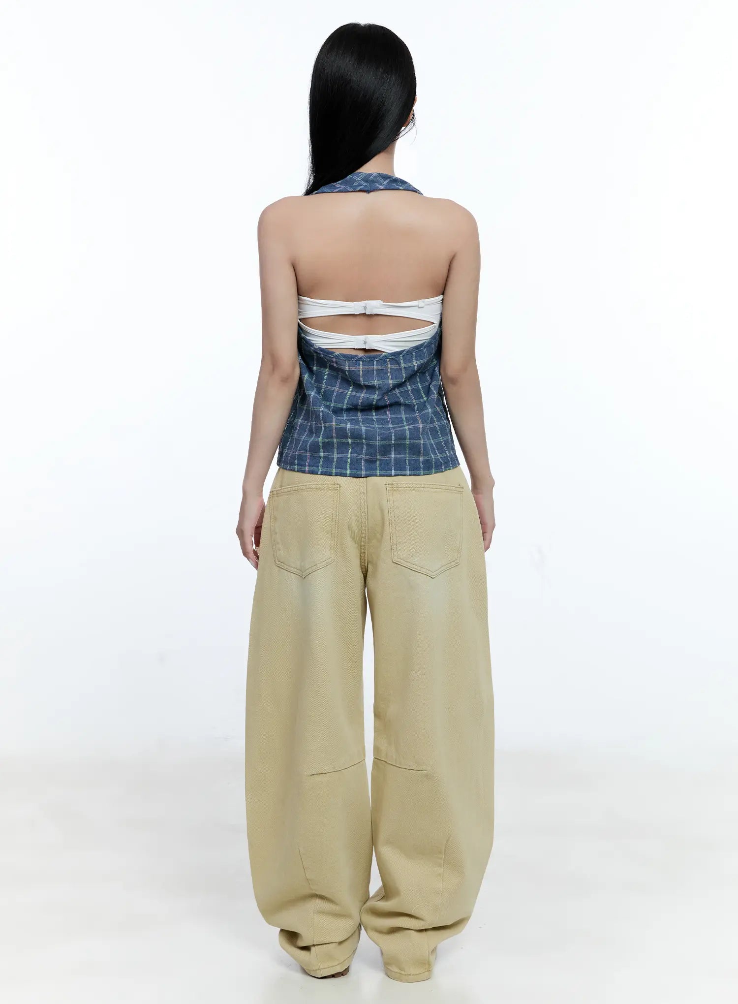 Plaid Button Halter Top CG507