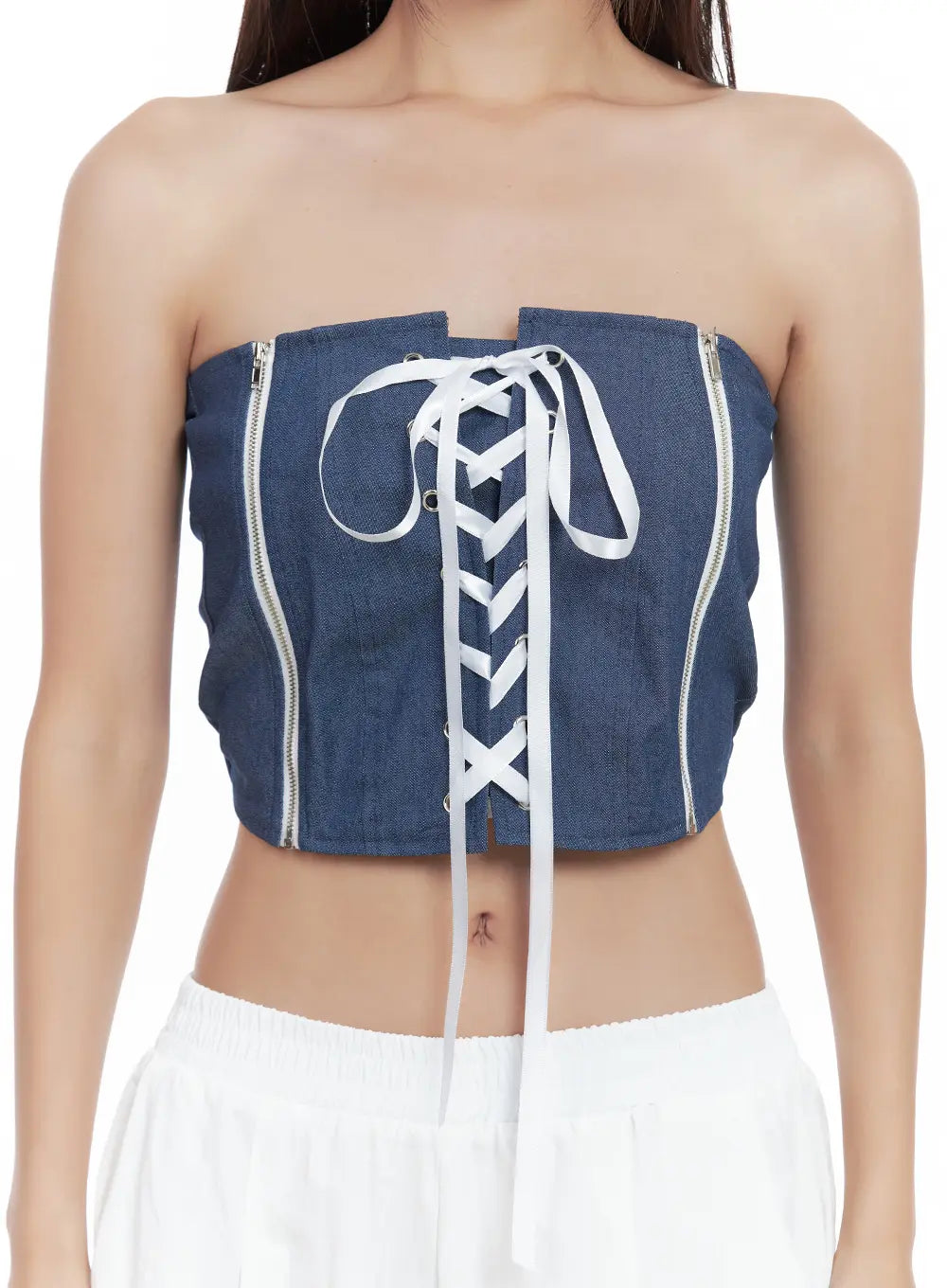 Denim Lace-Up Corset Tube Top CL508