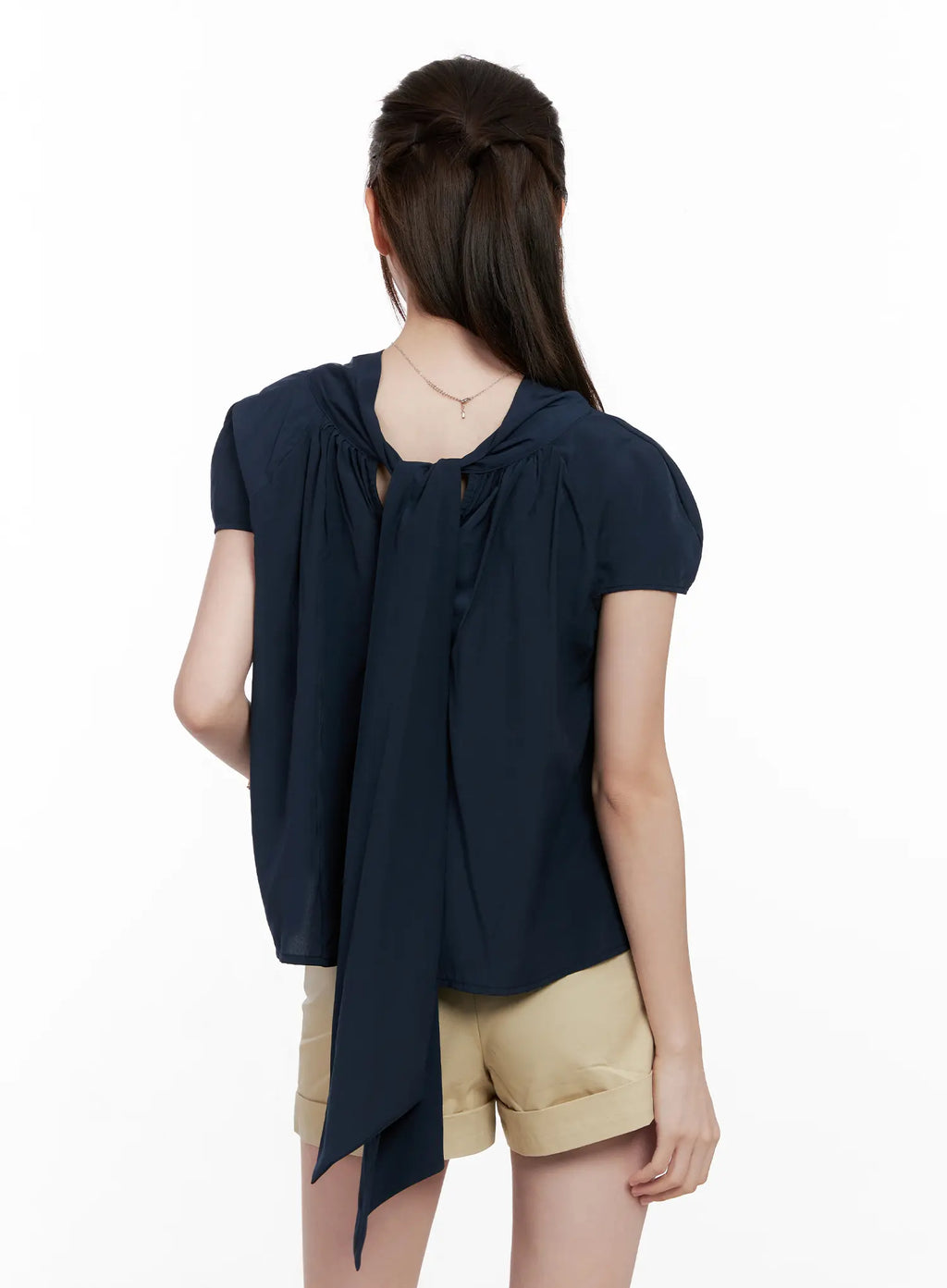 Shirred Ribbon Short-Sleeve Blouse CL523