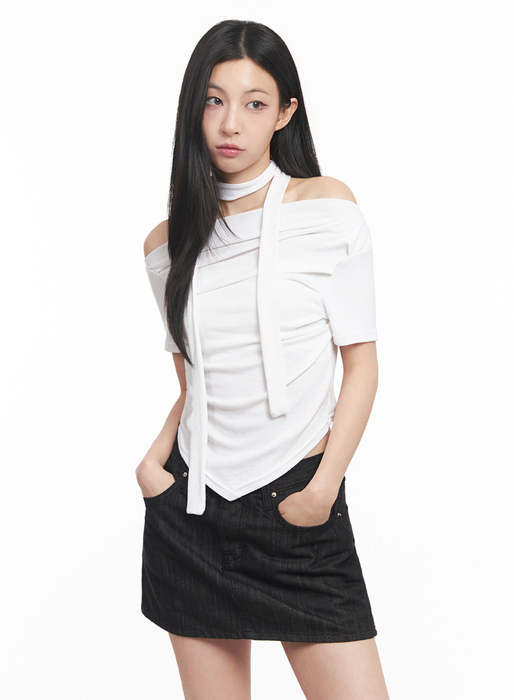 Off-Shoulder Crop Tee & Scarf Set IY516