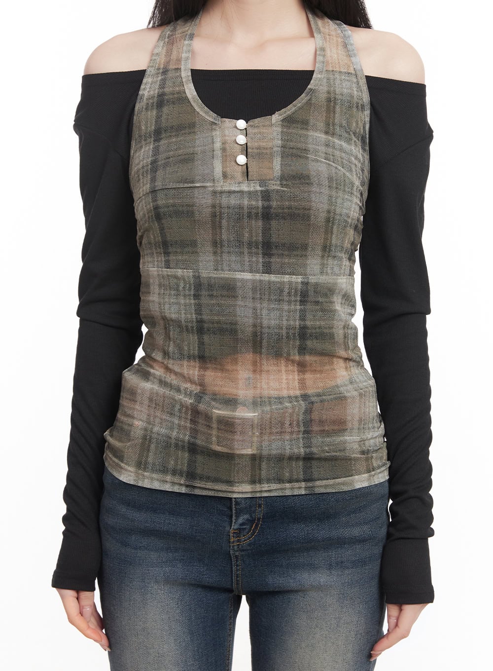 Plaid Sheer Halter Top CM517