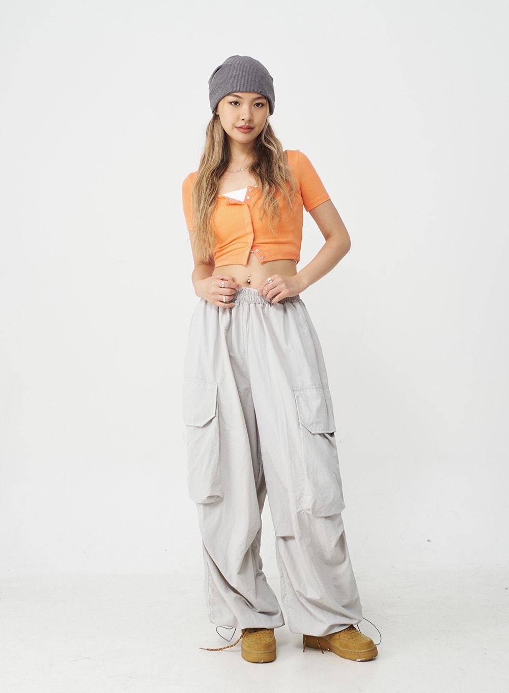 Drawstring Hem Long Wide Cargo Pants CJ21