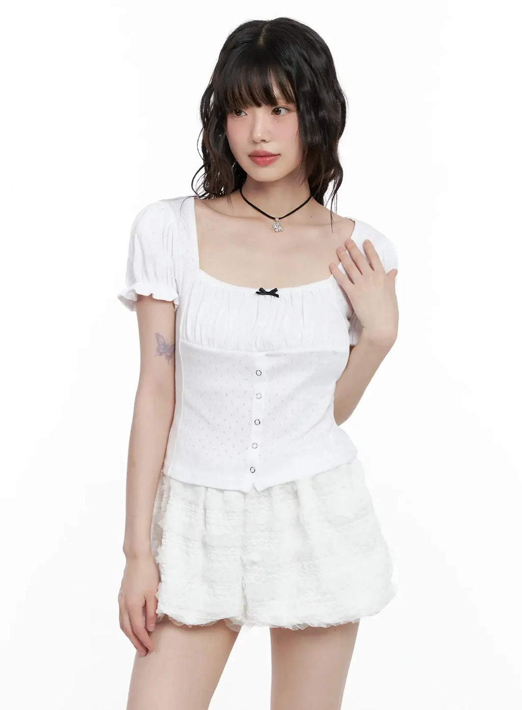 Ribbon-Detail Puff-Sleeve Top IL528