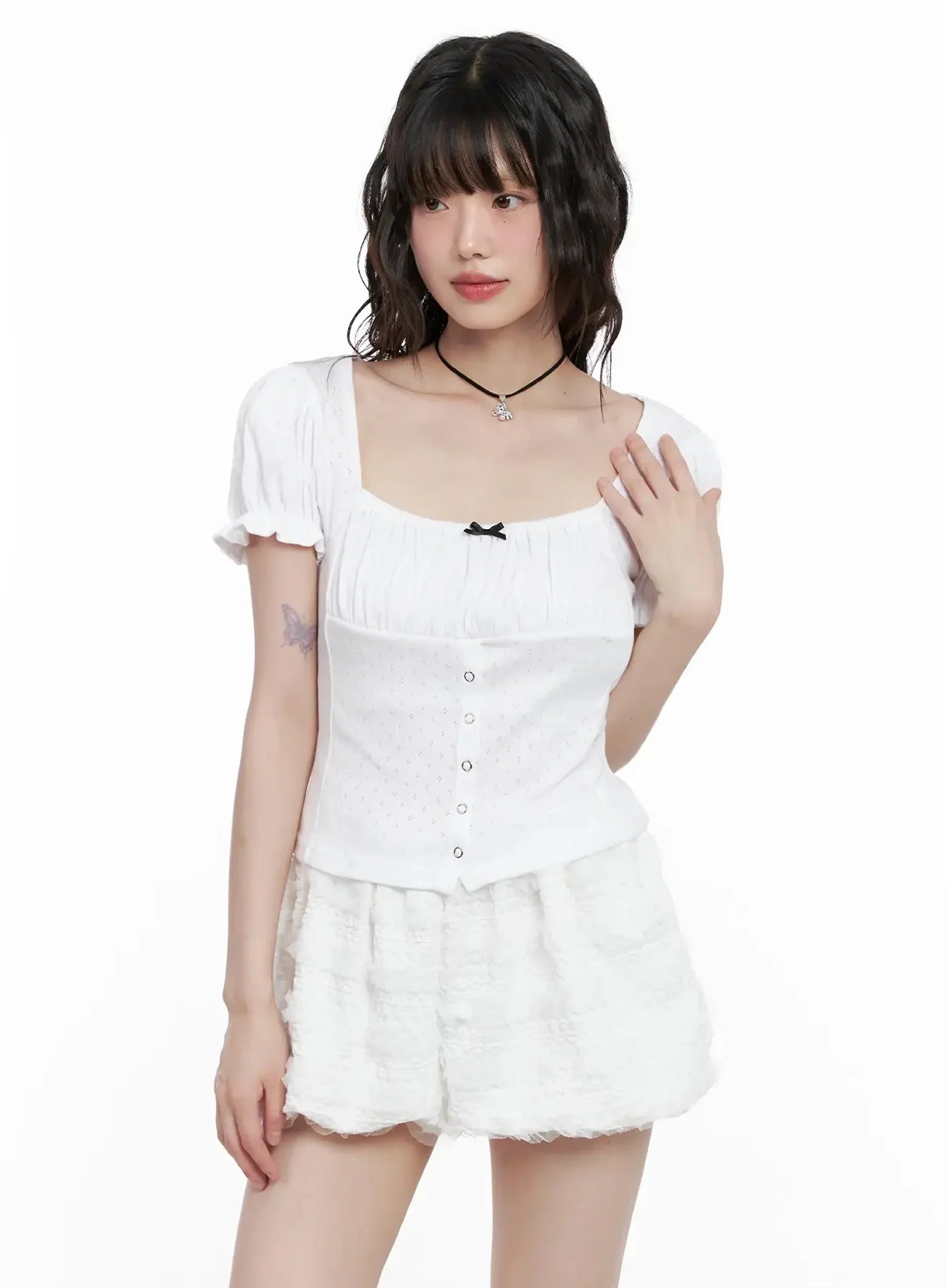 Ribbon-Detail Puff-Sleeve Top IL528