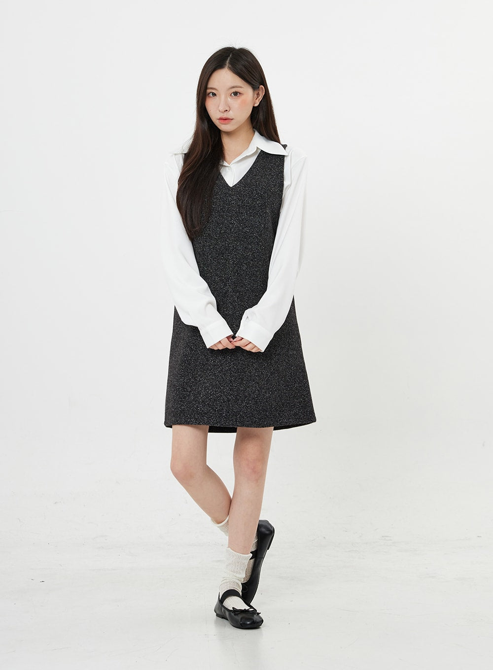 Mixed Color V-Neck Wool Dress BO21