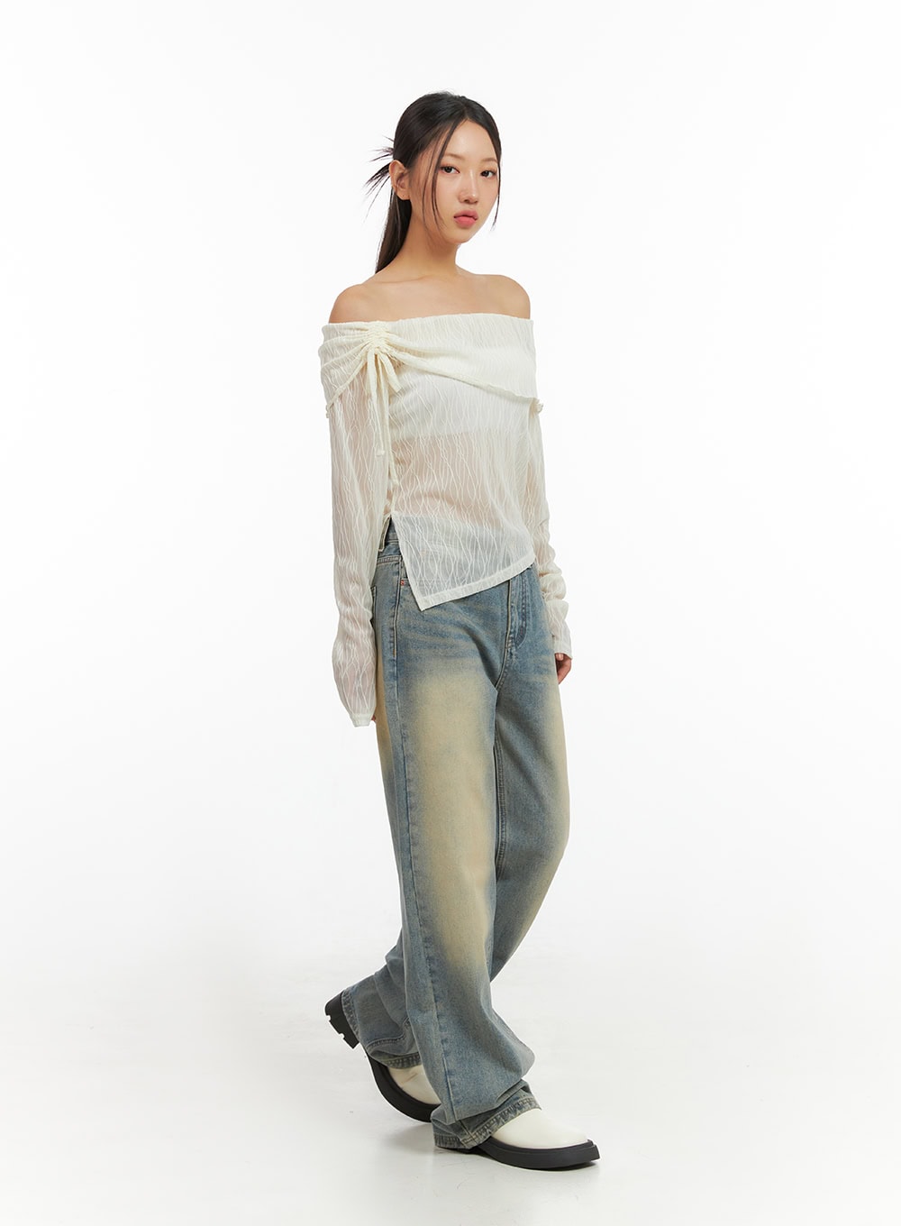 See-Through Textured Off-Shoulder Top IS402