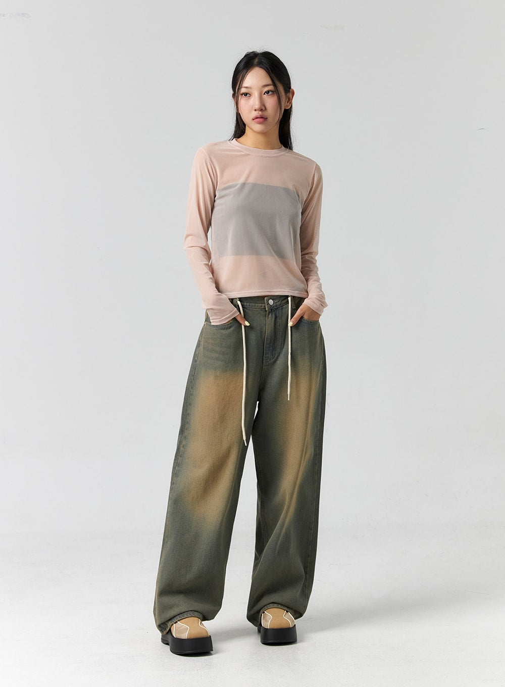 String Washed Wide Leg Jeans CS302