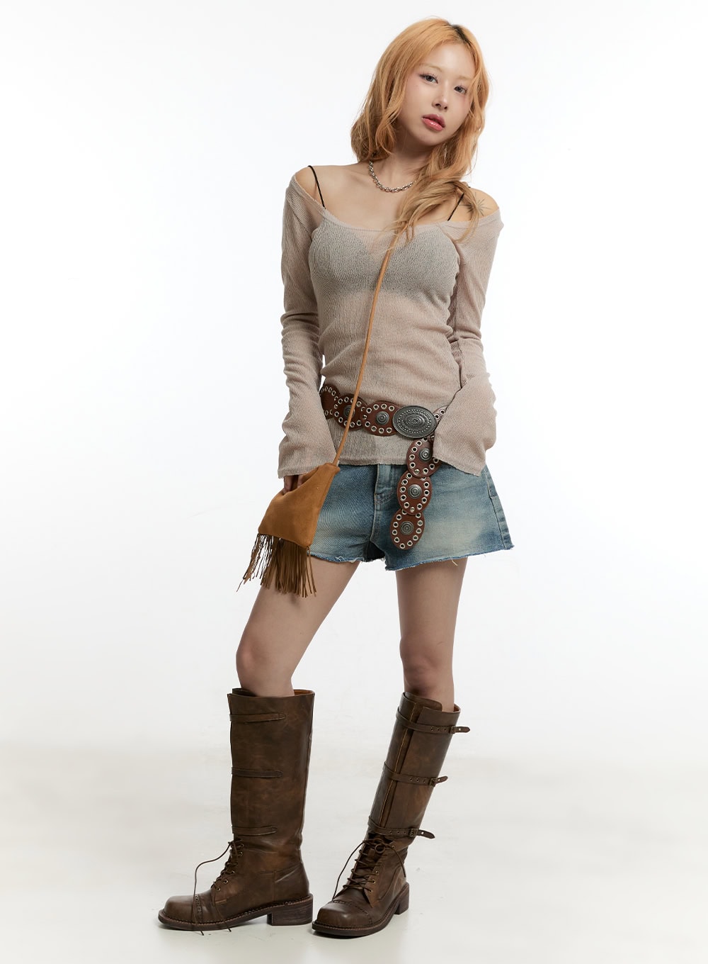 Sheer Knit Off-Shoulder Long-Sleeve Top CY501