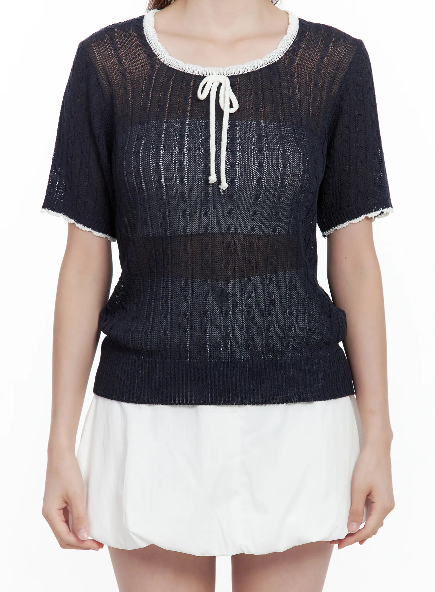 Sheer-Knit Tie Sweater Top CL502