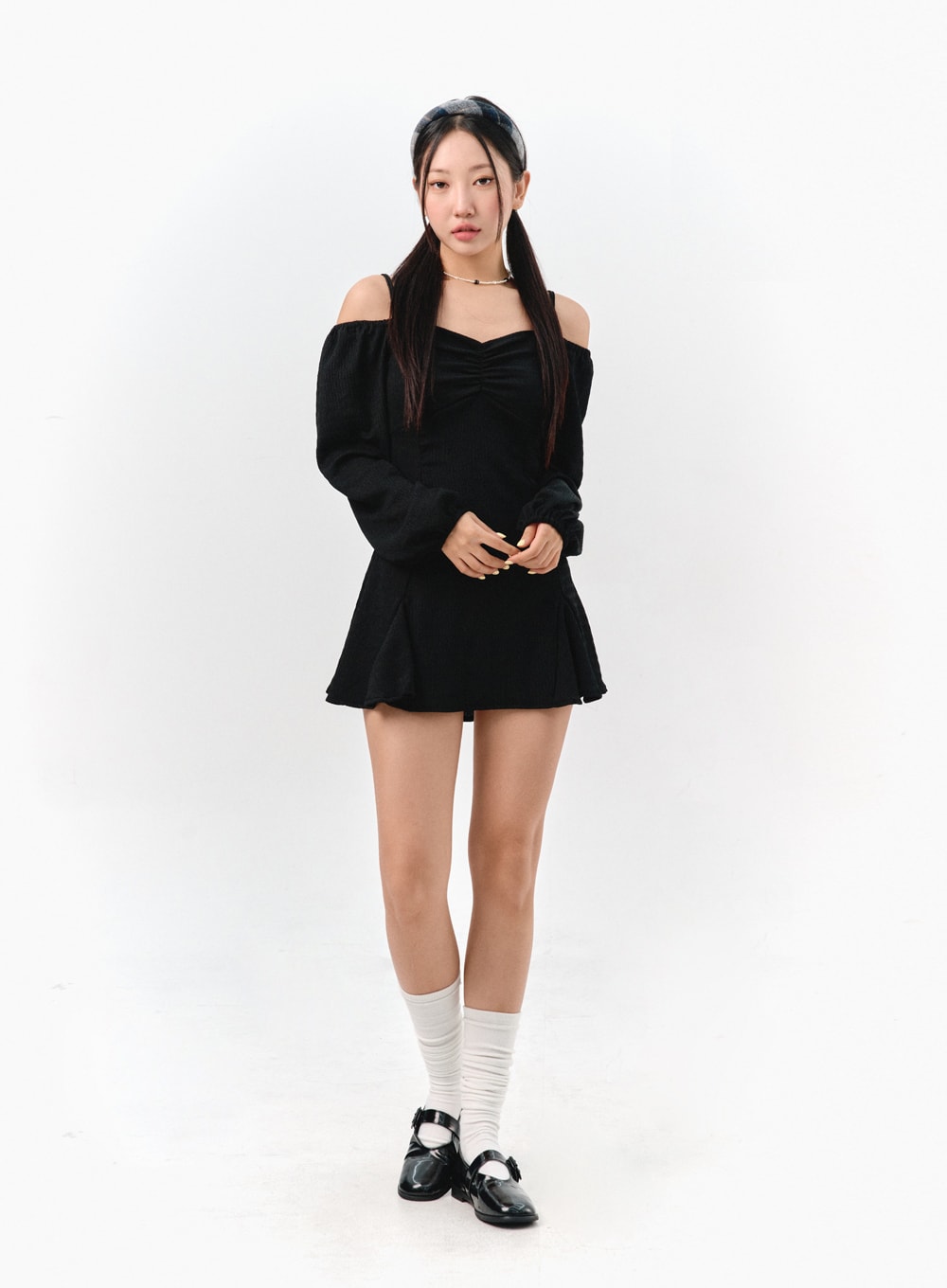 Off-Shoulder Shirred Mini Dress IS301