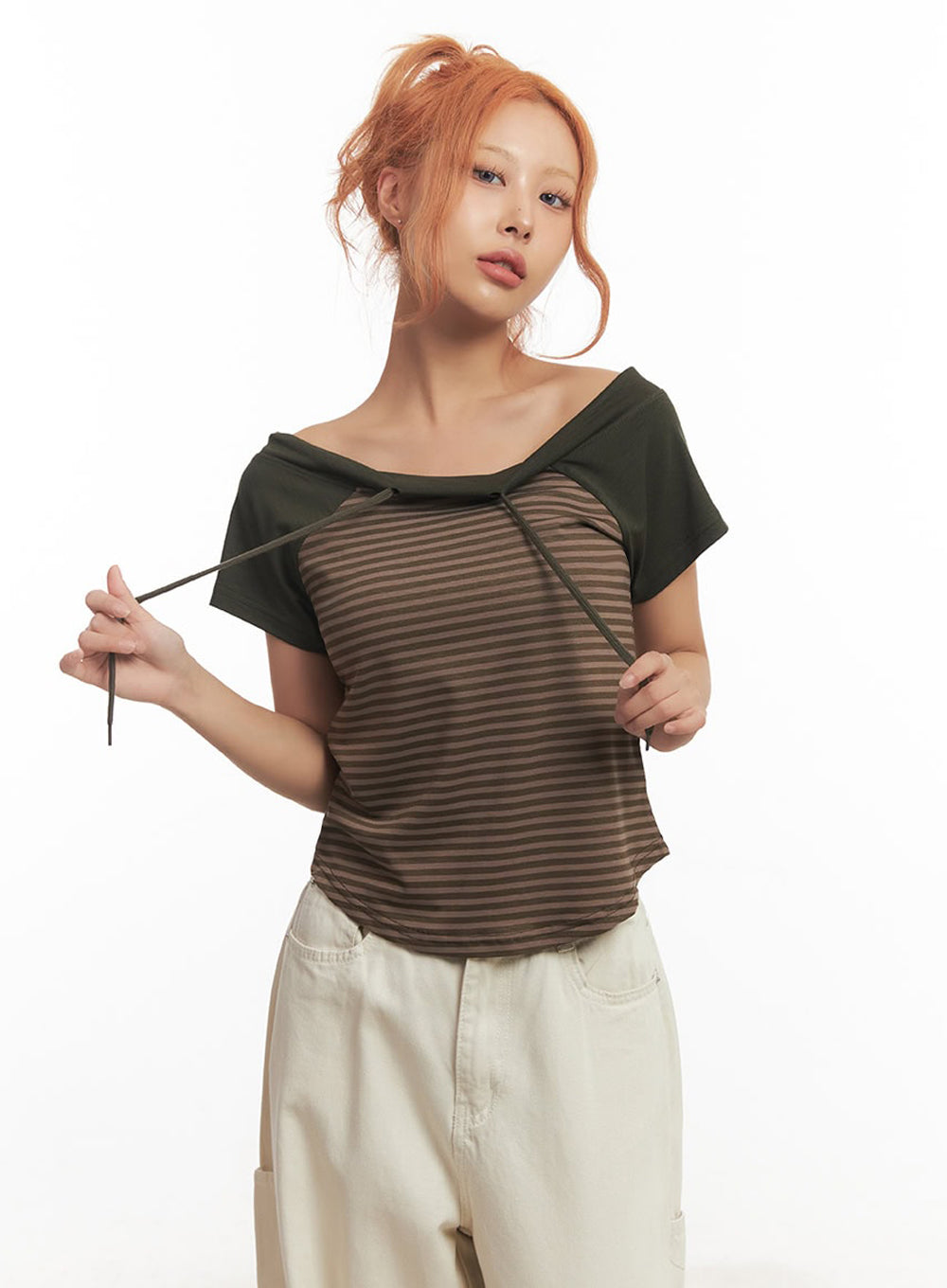 Stripe Off-Shoulder Hooded Top IA517