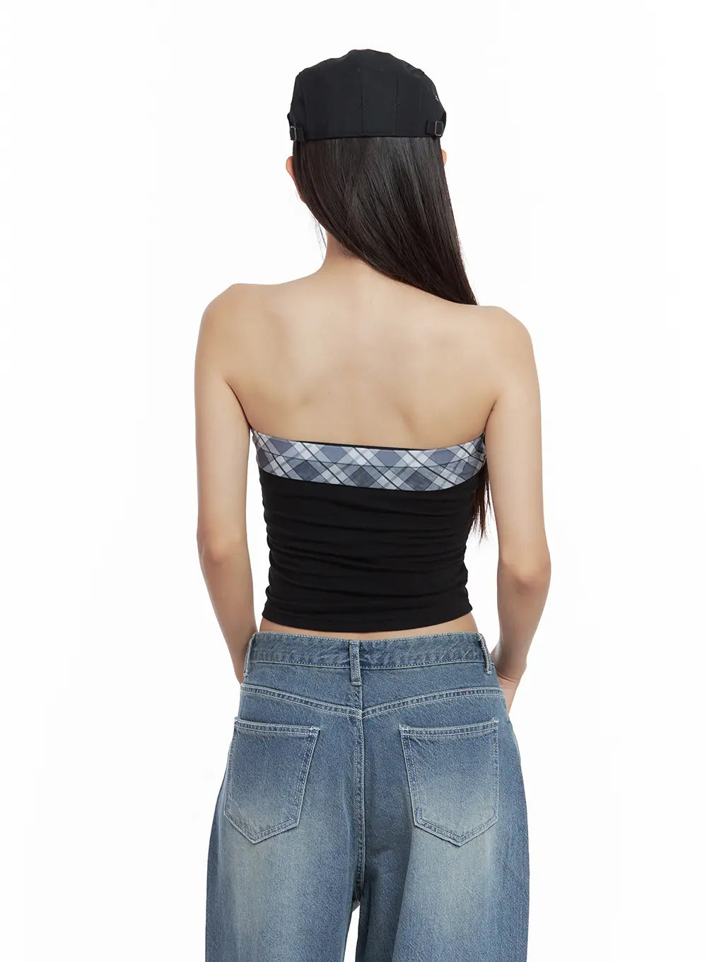 Contrast Plaid-Tie Tube Top CL508