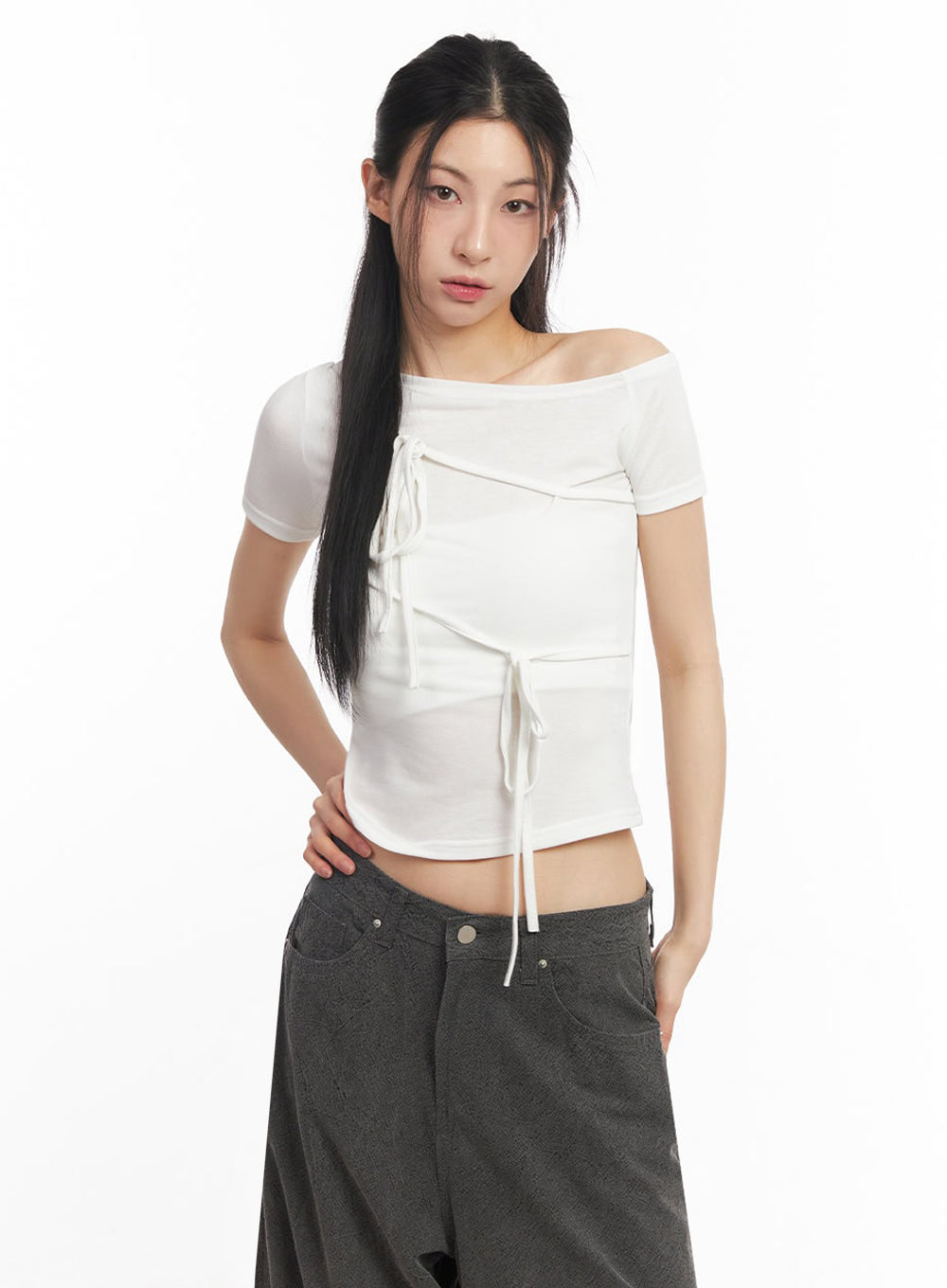 Ribbon Tie One-Shoulder Crop Top IY529