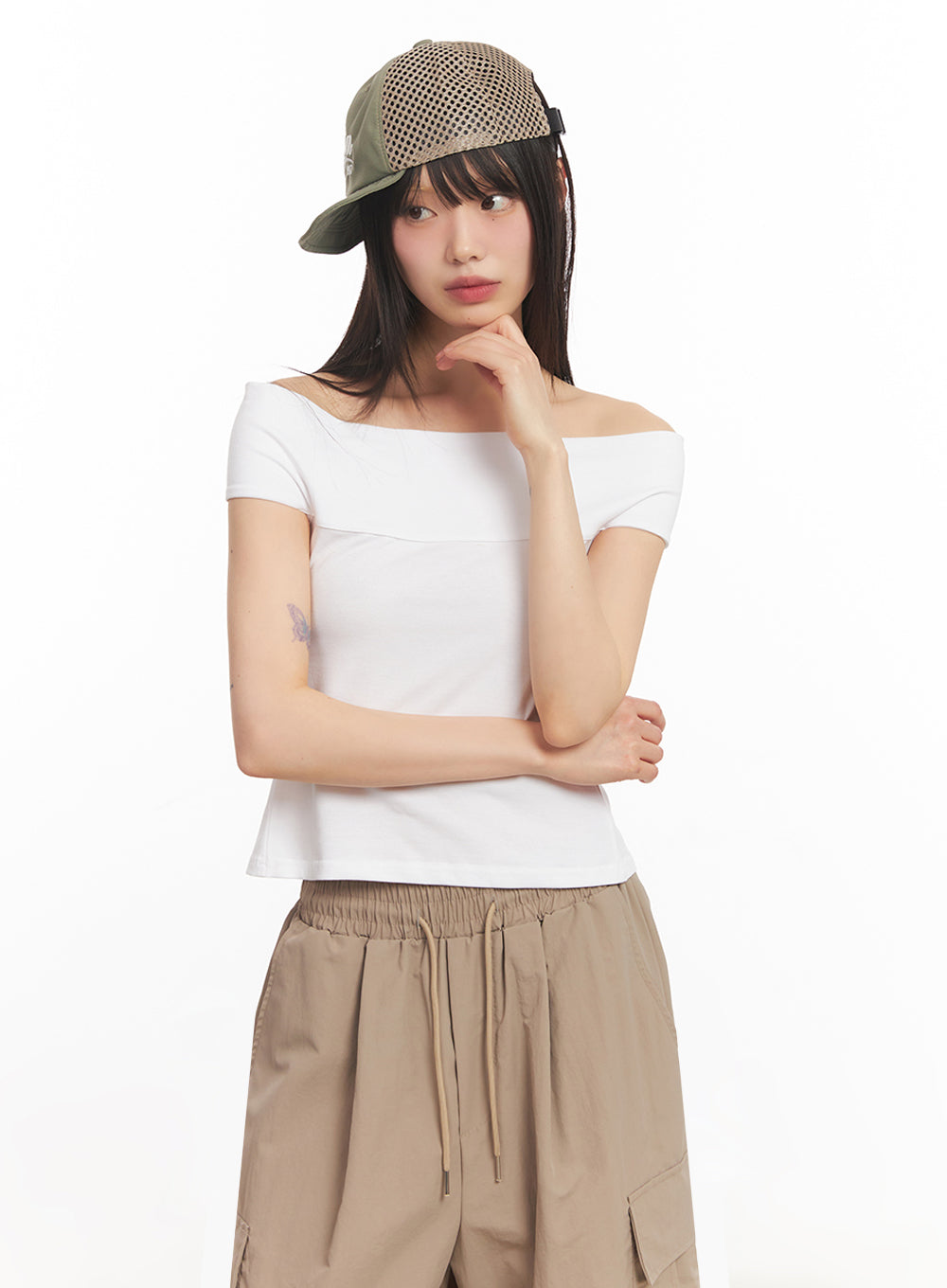 String Cut-Out Off-Shoulder Crop Top IY502