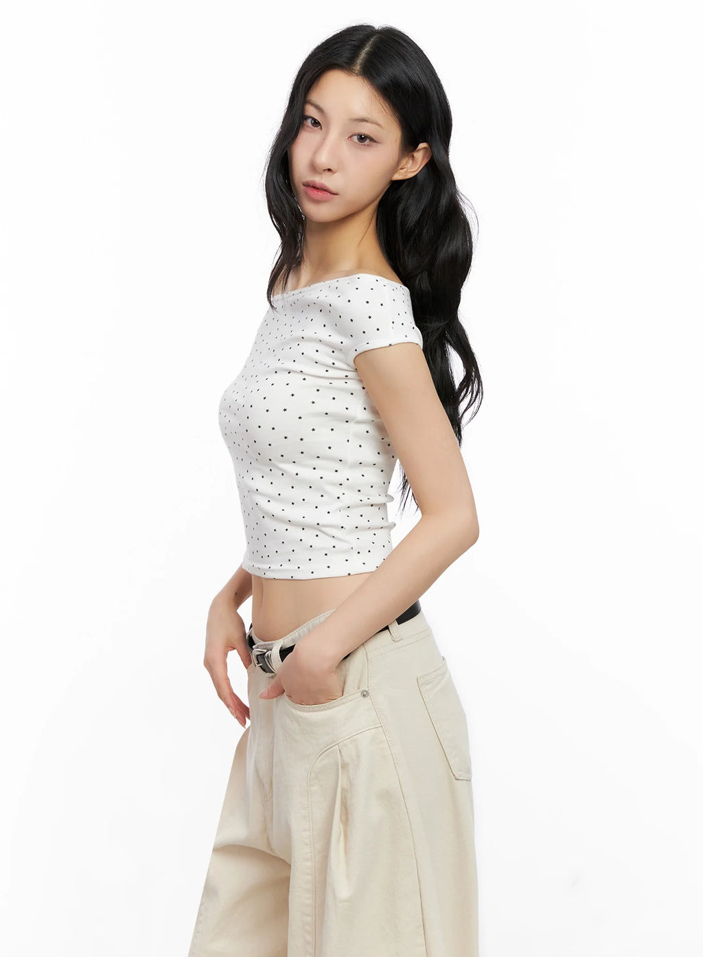 Star Print Off-Shoulder Crop Top IG508