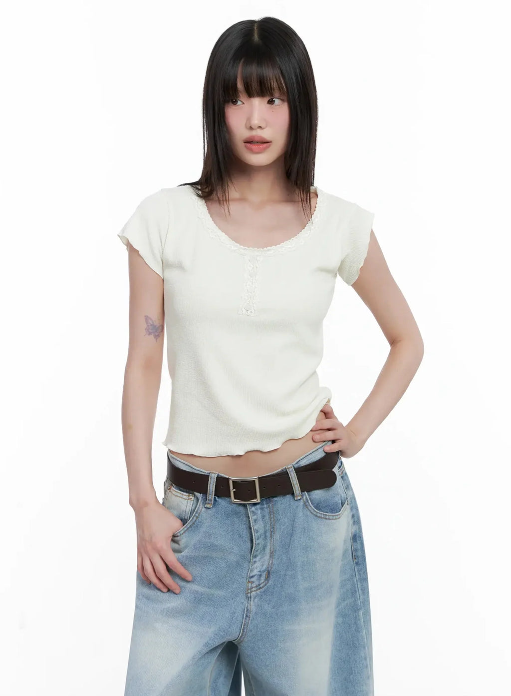 Lace Trimmed Button Short Sleeve IL531