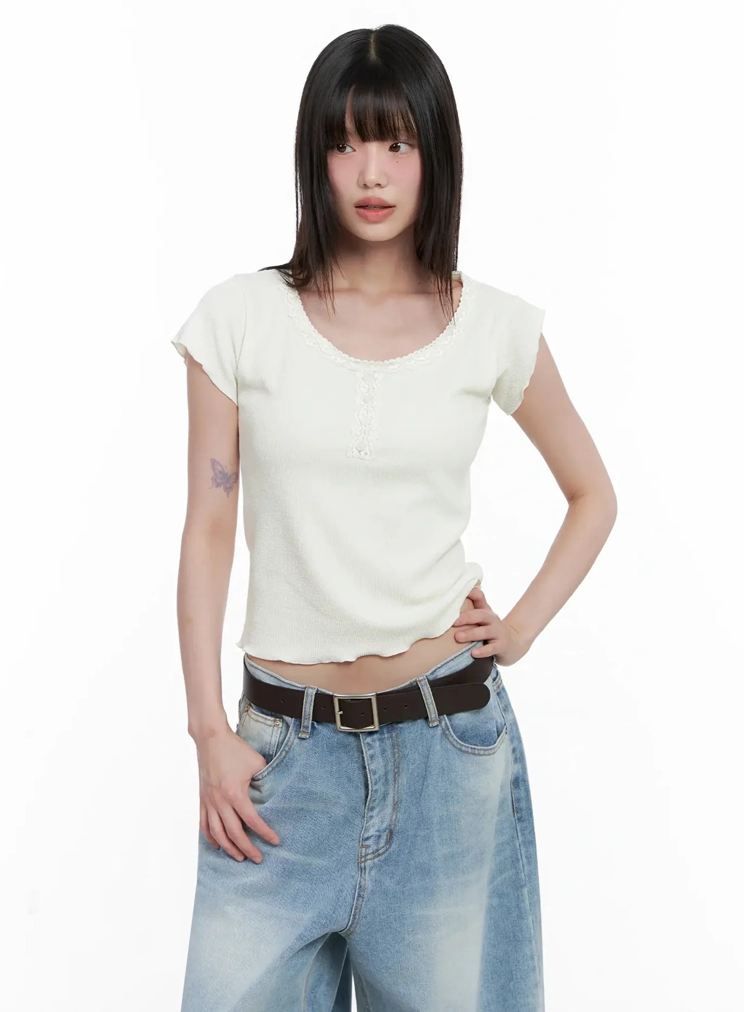 Lace Trimmed Button Short Sleeve IL531