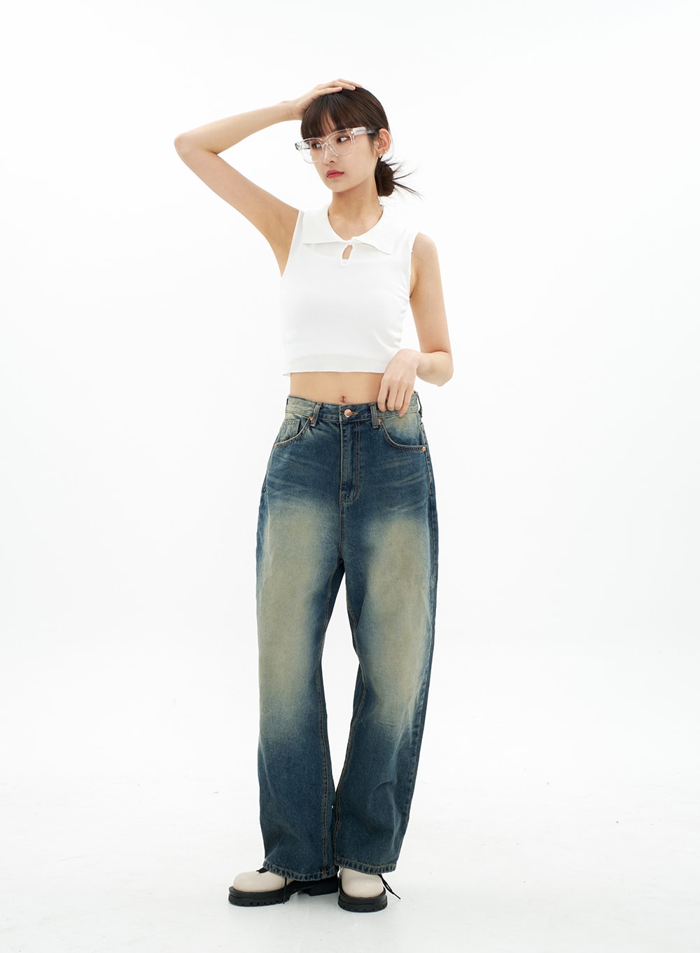 Bleached Wide Leg Denim Pants CA07