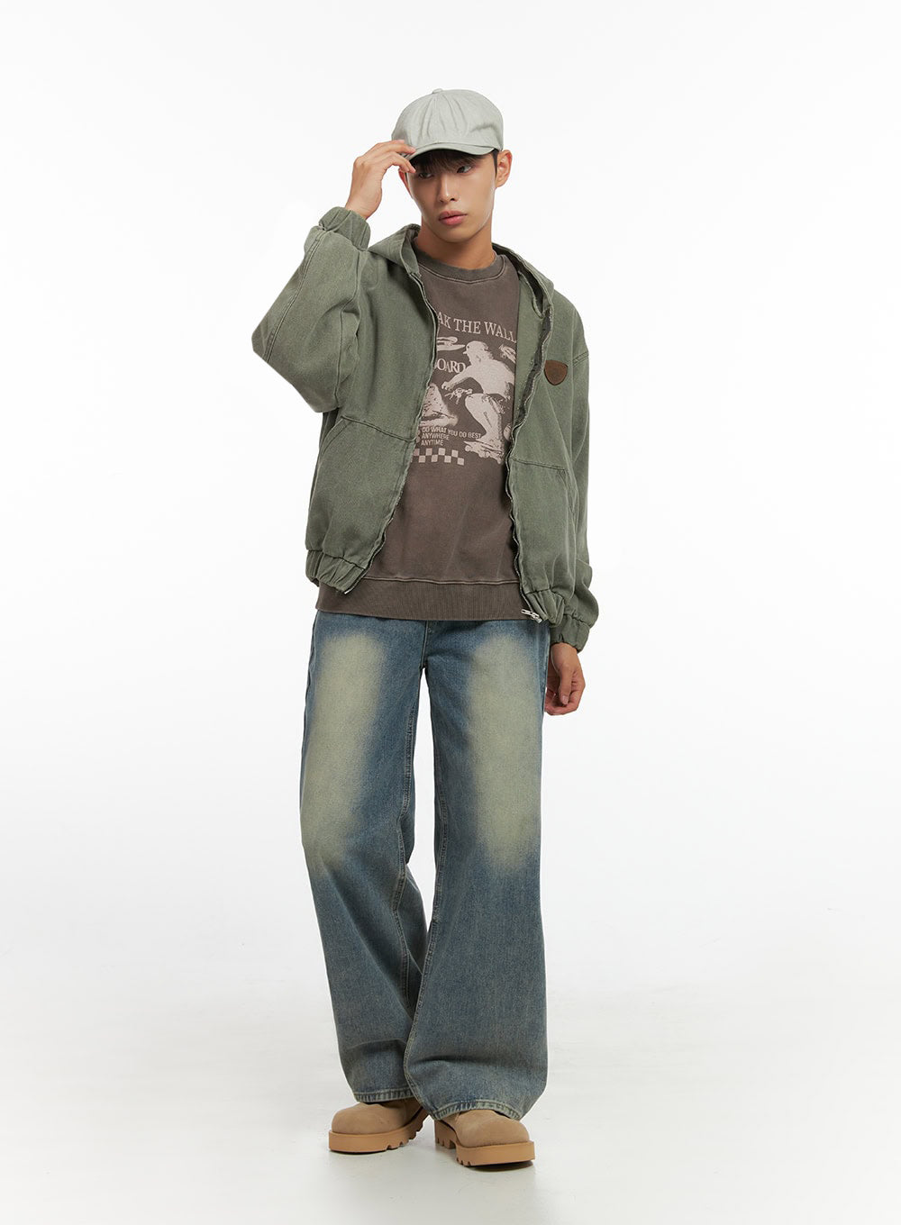 Men's Washed Zip Up Hooded Jacket IO420