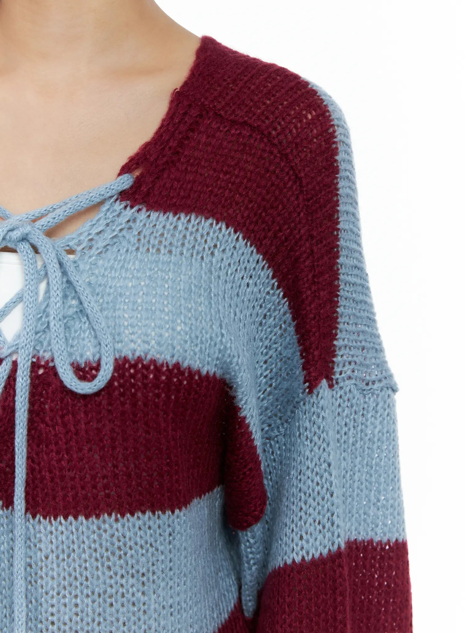 Striped Lace-Up Long-Sleeve Knit Top CS505