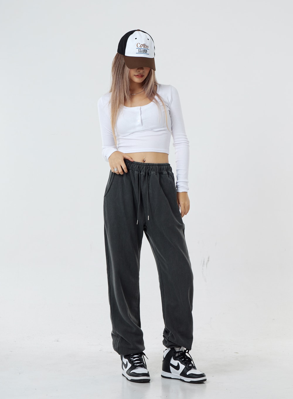 Button U-Neck Crop Long Sleeve T-Shirt CS02