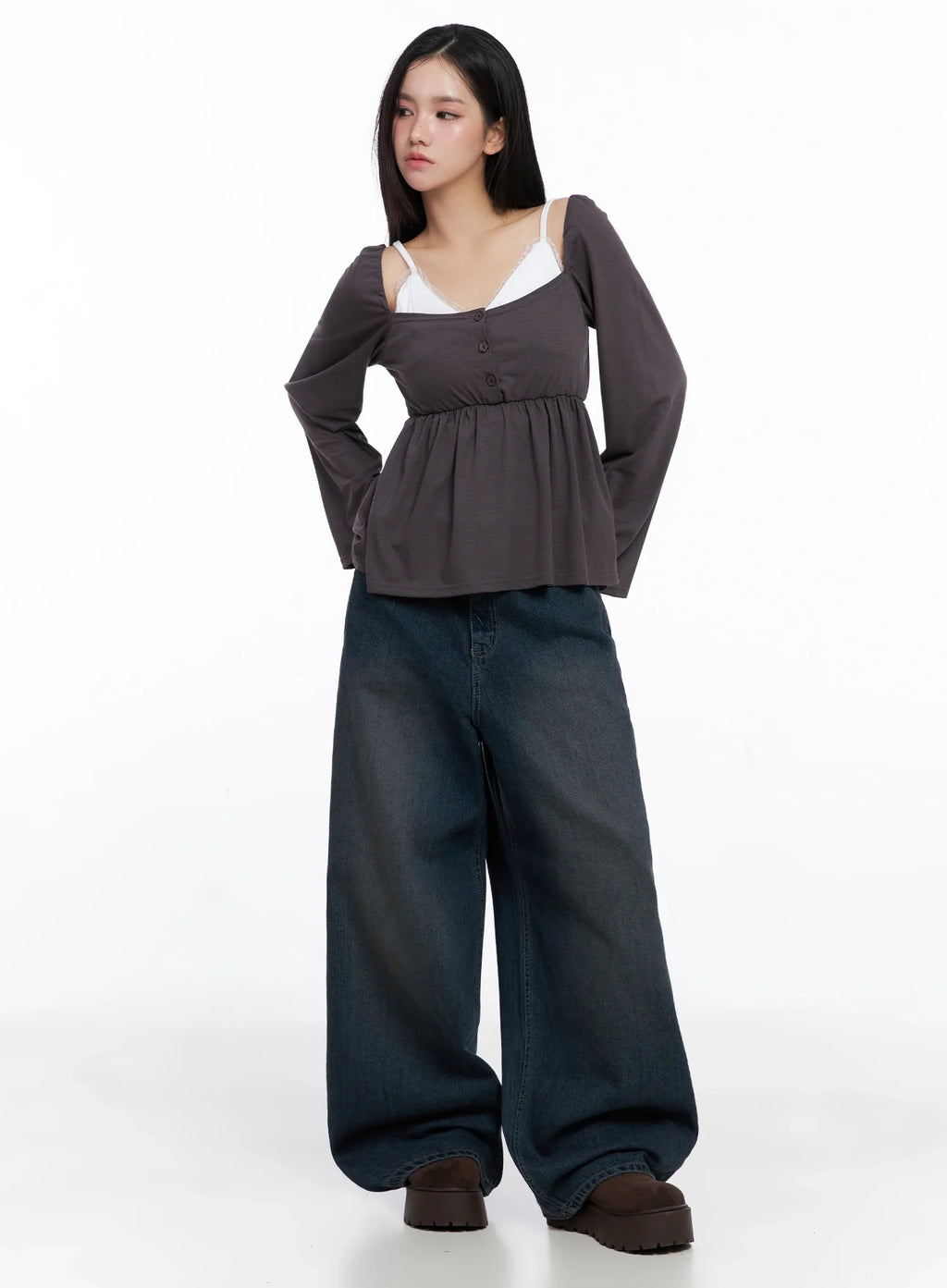 Shirred Flowy Buttoned Long Sleeve IS525