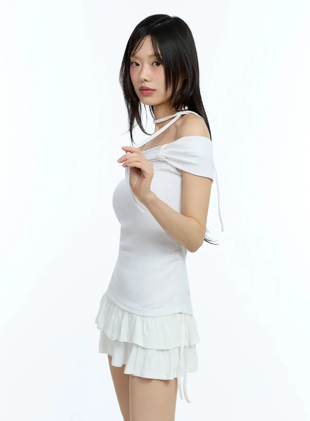 Ribbon Off-Shoulder Tee with Scarf Set IU524